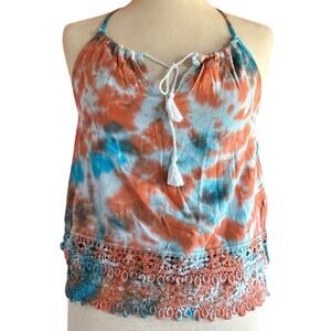 Abercrombie & Fitch Top Womens Medium Orange Blue Tie Dye Reworked Hippie Retro